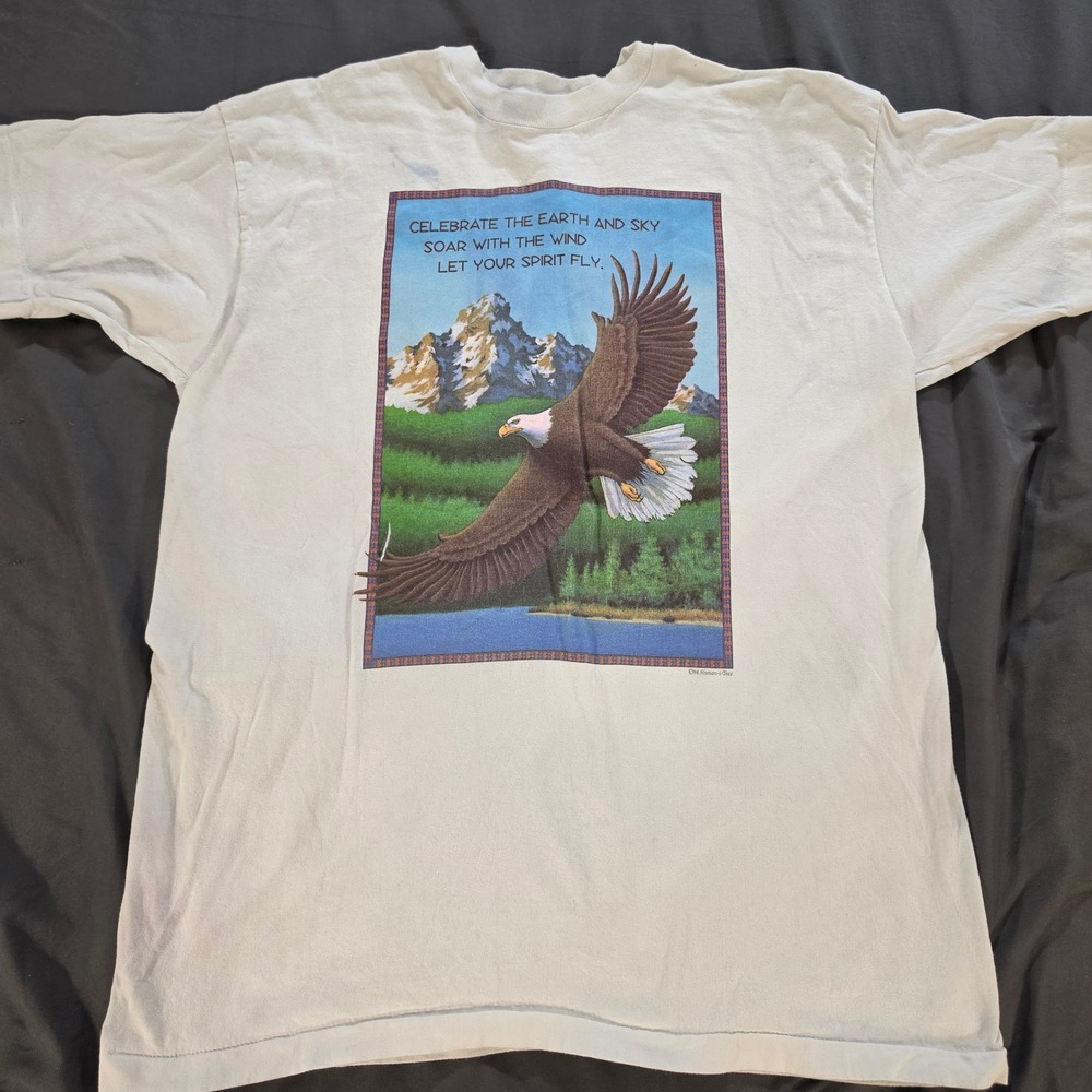 Vintage 1994 Human-i-Tees Eagle Nature T-Shirt Mens XXL White Single Stitch‎ USA